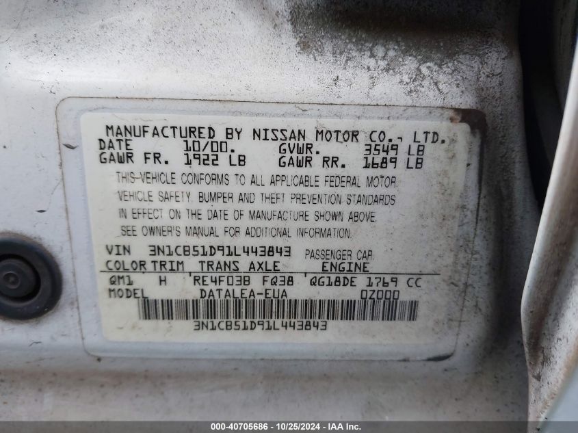 2001 Nissan Sentra Gxe VIN: 3N1CB51D91L443843 Lot: 40705686