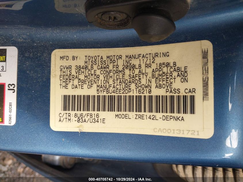 2013 Toyota Corolla Le VIN: 5YFBU4EE2DP116210 Lot: 40705742