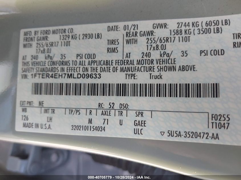 2021 FORD RANGER VIN: 1FTER4EH7MLD09633