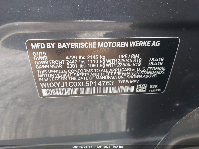 2020 BMW X2 xDrive28I VIN: WBXYJ1C0XL5P14763 Lot: 40705788