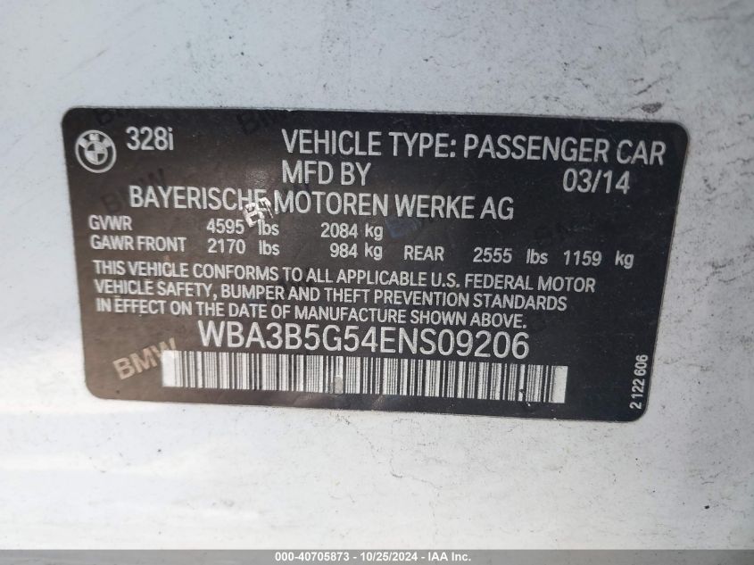 VIN WBA3B5G54ENS09206 2014 BMW 3 Series, 328I Xdrive no.9