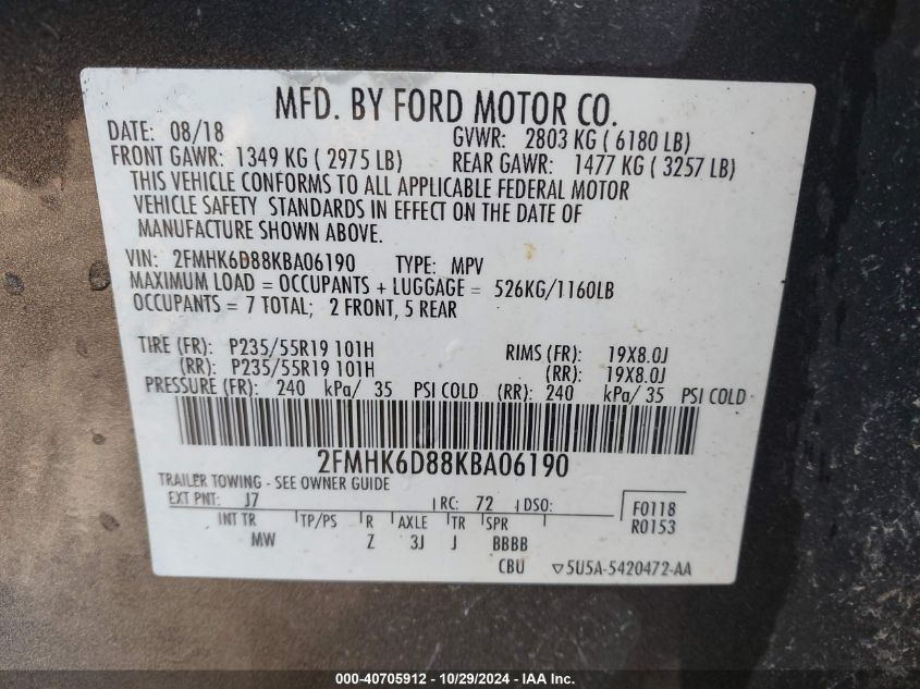 2019 Ford Flex Limited VIN: 2FMHK6D88KBA06190 Lot: 40705912