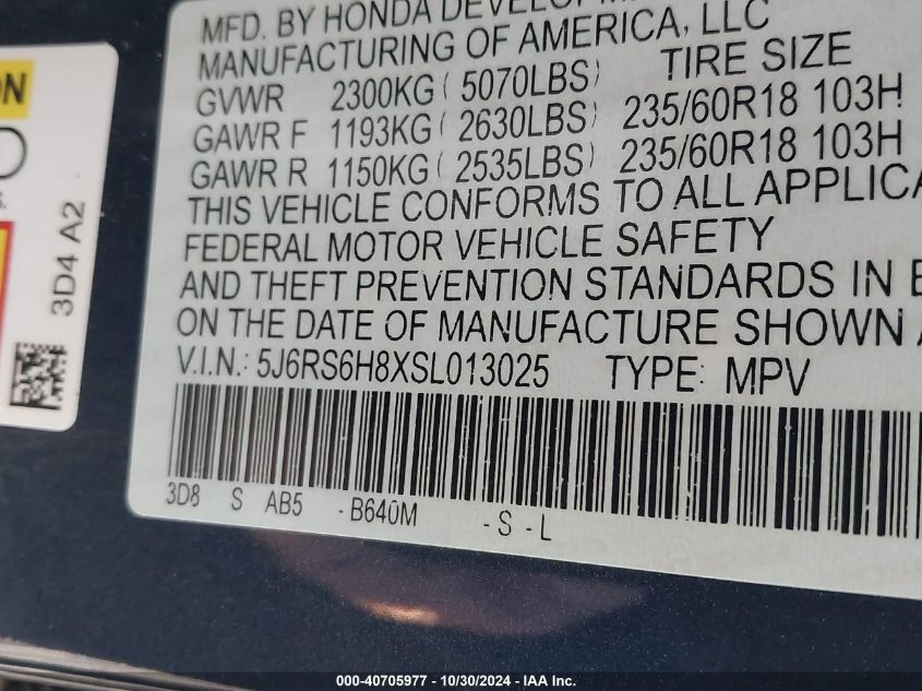 VIN 5J6RS6H8XSL013025 2025 Honda CR-V, Hybrid Sport-L no.9