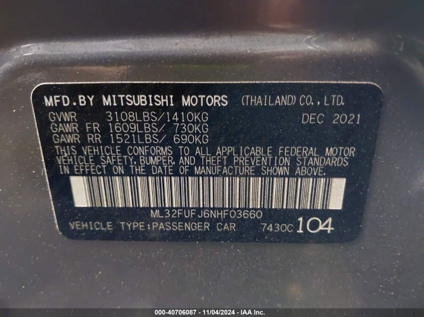 VIN ML32FUFJ6NHF03660 2022 Mitsubishi Mirage, G4 Bl... no.9