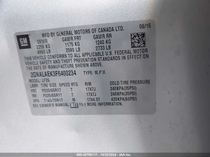 VIN 2GNALAEK3F6400234 2015 Chevrolet Equinox, LS no.9