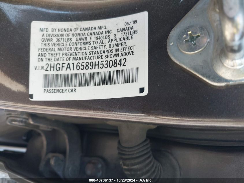 2009 HONDA CIVIC VIN: 2HGFA16589H530842