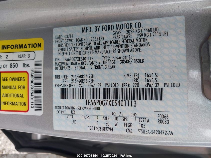 VIN 1FA6P0G7XE5401113 2014 Ford Fusion, S no.9