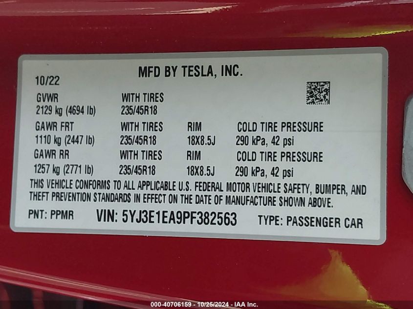 2023 Tesla Model 3 Rear-Wheel Drive VIN: 5YJ3E1EA9PF382563 Lot: 40706159