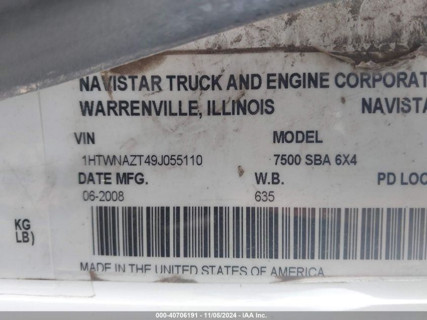 2009 International 7000 7500 VIN: 1HTWNAZT49J055110 Lot: 40706191