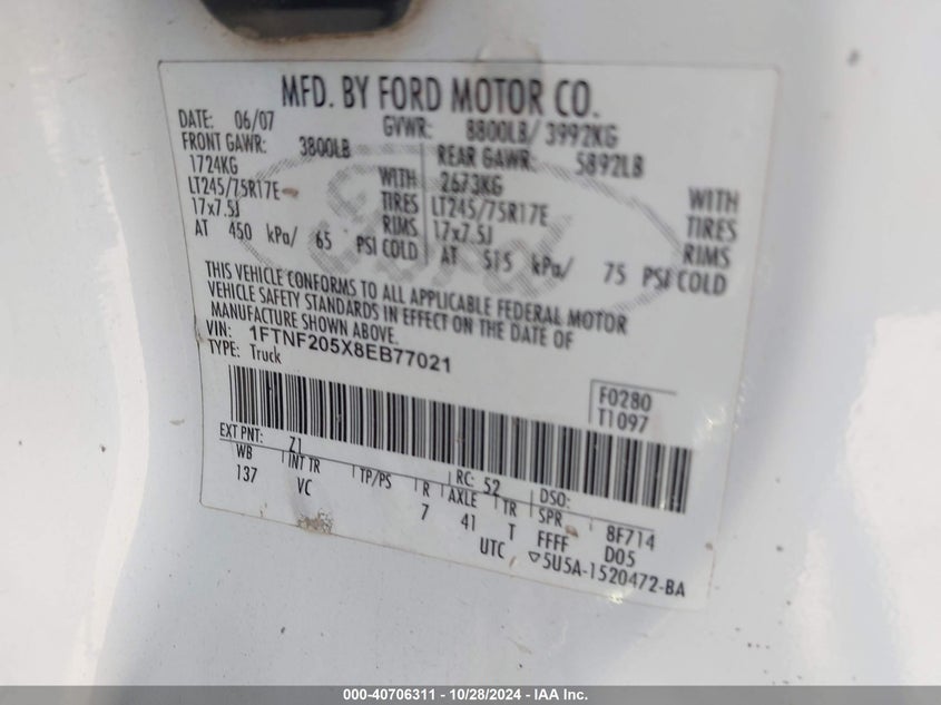 2008 Ford F-250 Xl/Xlt VIN: 1FTNF205X8EB77021 Lot: 40706311
