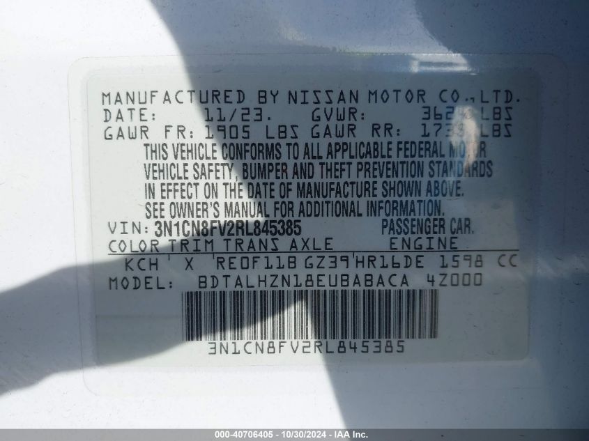 2024 Nissan Versa 1.6 Sr VIN: 3N1CN8FV2RL845385 Lot: 40706405