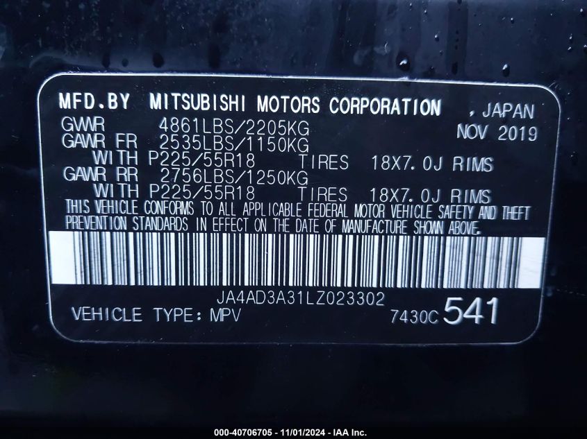 2020 Mitsubishi Outlander Se 2.4 VIN: JA4AD3A31LZ023302 Lot: 40706705