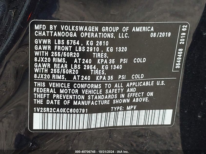 2019 Volkswagen Atlas 3.6L V6 Sel R-Line VIN: 1V2SR2CA0KC600791 Lot: 40706745