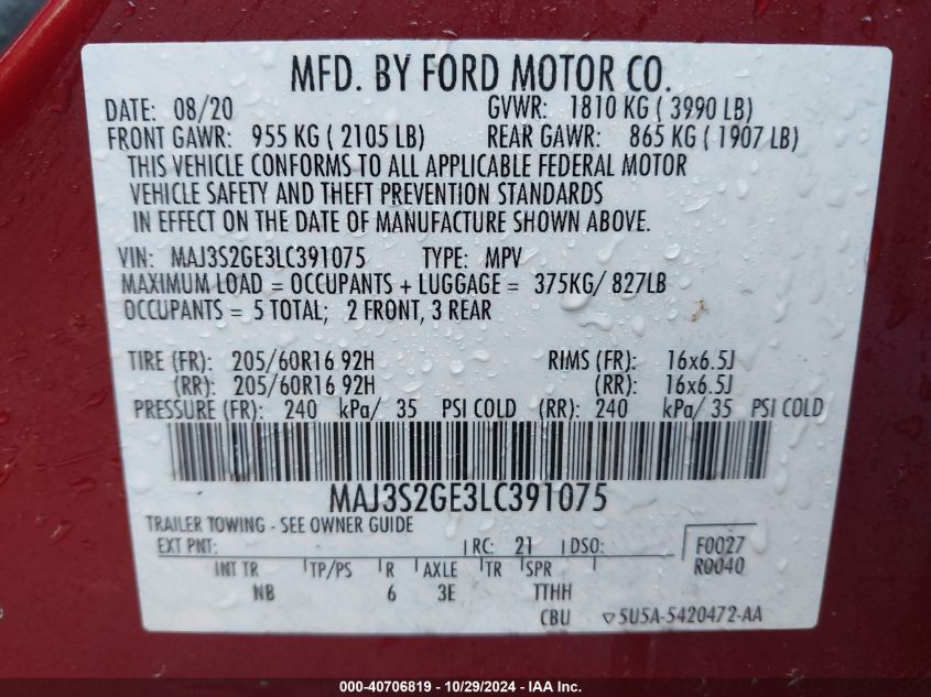 2020 Ford Ecosport Se VIN: MAJ3S2GE3LC391075 Lot: 40706819