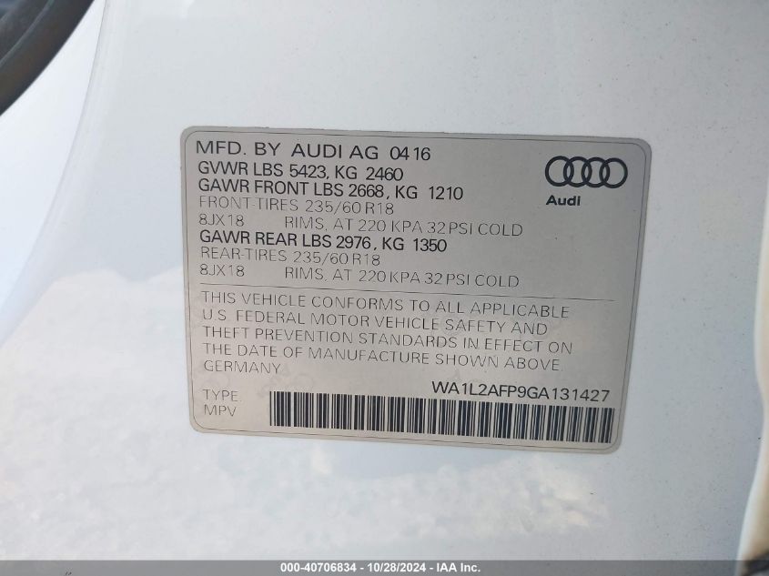 2016 Audi Q5 2.0T Premium VIN: WA1L2AFP9GA131427 Lot: 40706834