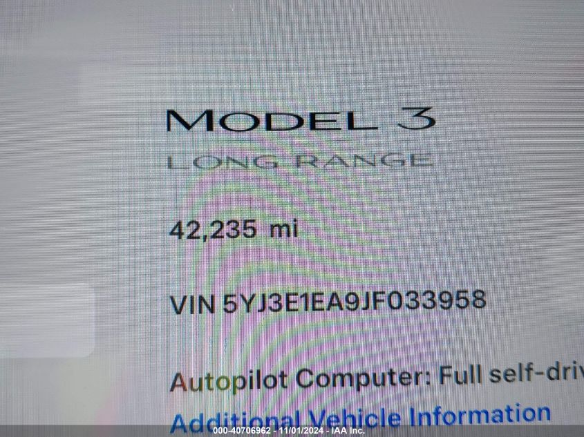 2018 Tesla Model 3 Long Range/Mid Range VIN: 5YJ3E1EA9JF033958 Lot: 40706962