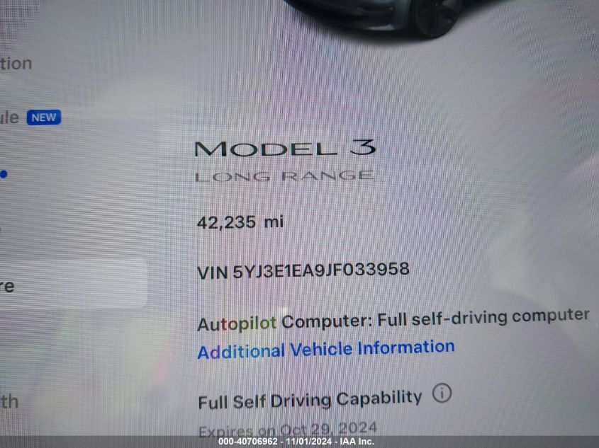 2018 Tesla Model 3 Long Range/Mid Range VIN: 5YJ3E1EA9JF033958 Lot: 40706962