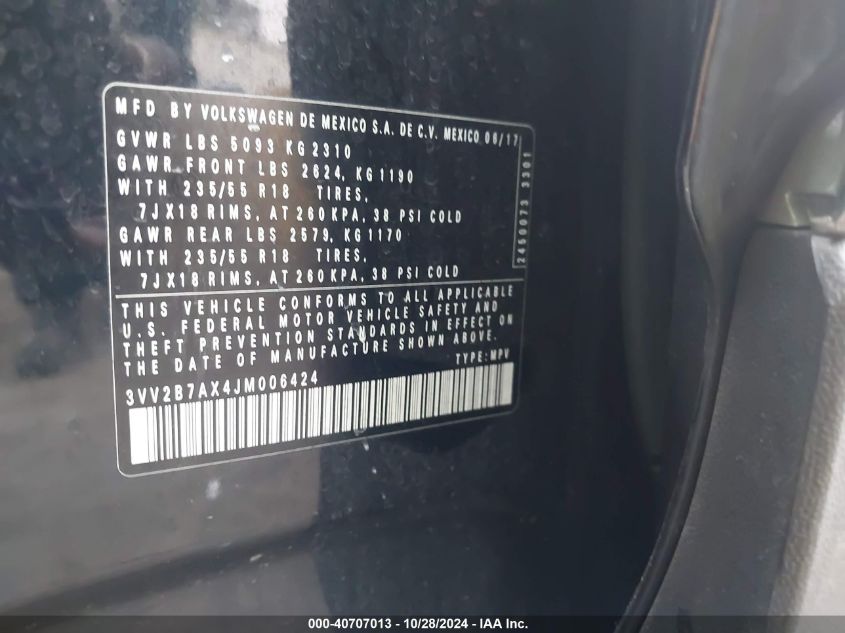 2018 Volkswagen Tiguan 2.0T Se/2.0T Sel VIN: 3VV2B7AX4JM006424 Lot: 41748948