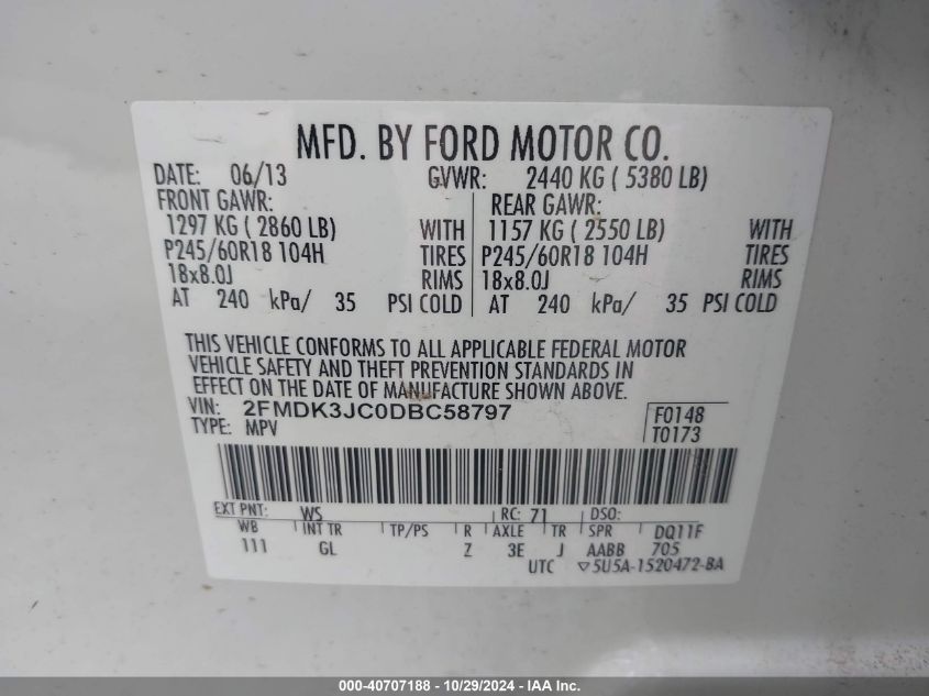 VIN 2FMDK3JC0DBC58797 2013 FORD EDGE no.9