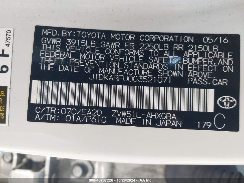 2016 Toyota Prius Four VIN: JTDKARFU0G3521071 Lot: 40707226