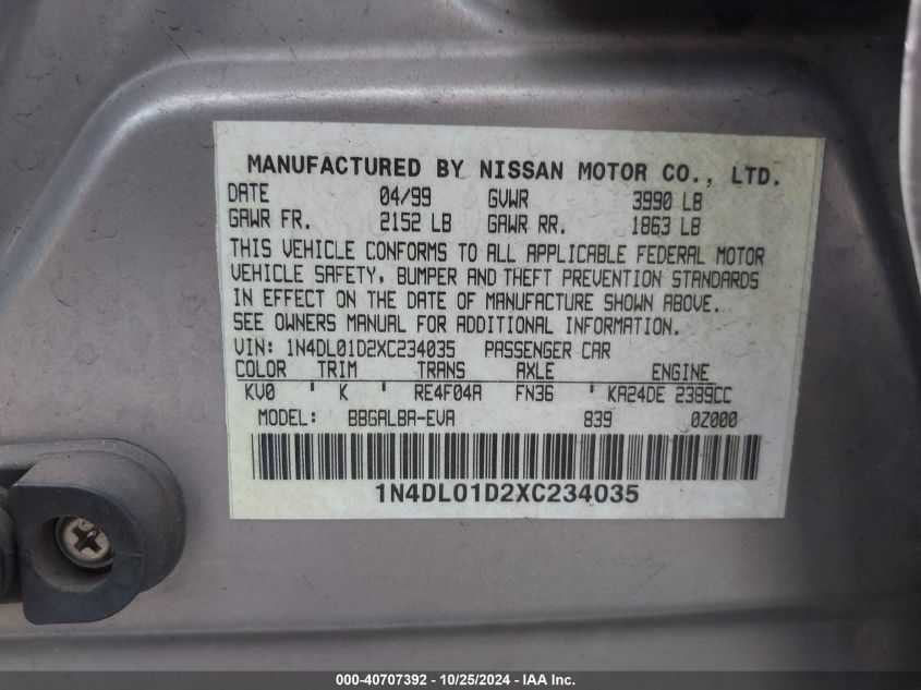 1999 Nissan Altima Gle/Gxe/Se/Se-L/Xe VIN: 1N4DL01D2XC234035 Lot: 40707392