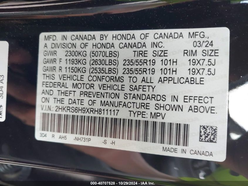 VIN 2HKRS6H9XRH811117 2024 Honda CR-V, Hybrid Sport... no.9