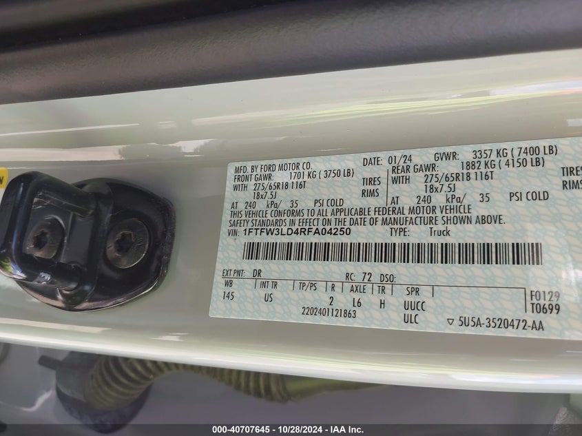 VIN 1FTFW3LD4RFA04250 2024 FORD F-150 XLT