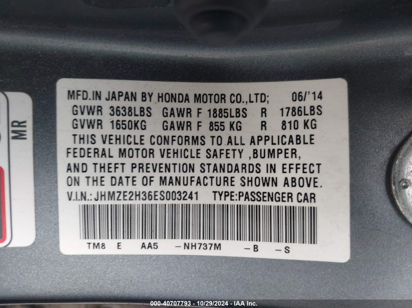 2014 Honda Insight VIN: JHMZE2H36ES003241 Lot: 40707793