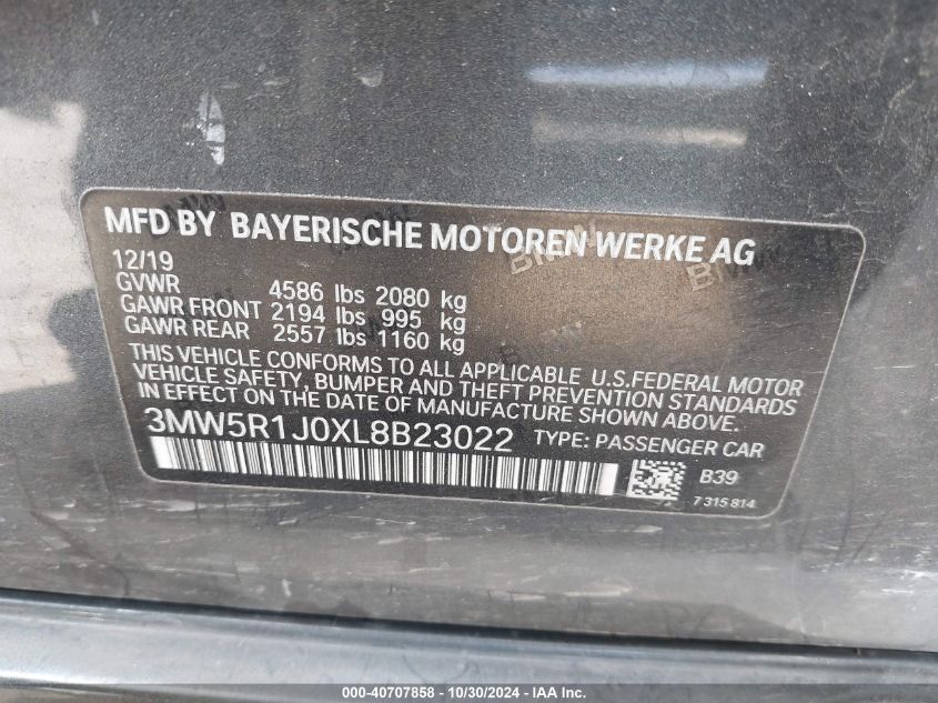 2020 BMW 330I VIN: 3MW5R1J0XL8B23022 Lot: 40707858