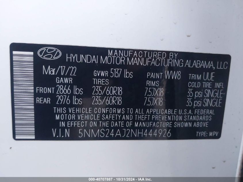 2022 Hyundai Santa Fe Sel VIN: 5NMS24AJ2NH444926 Lot: 40707887