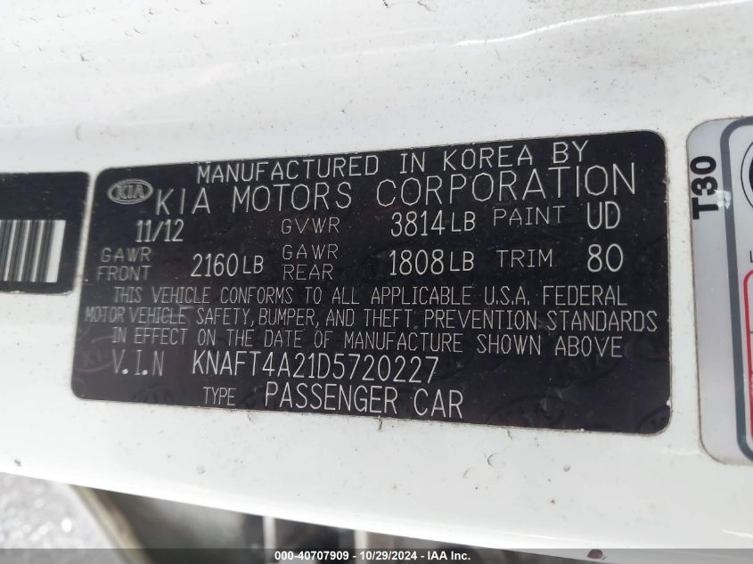 2013 Kia Forte Lx VIN: KNAFT4A21D5720227 Lot: 40707909