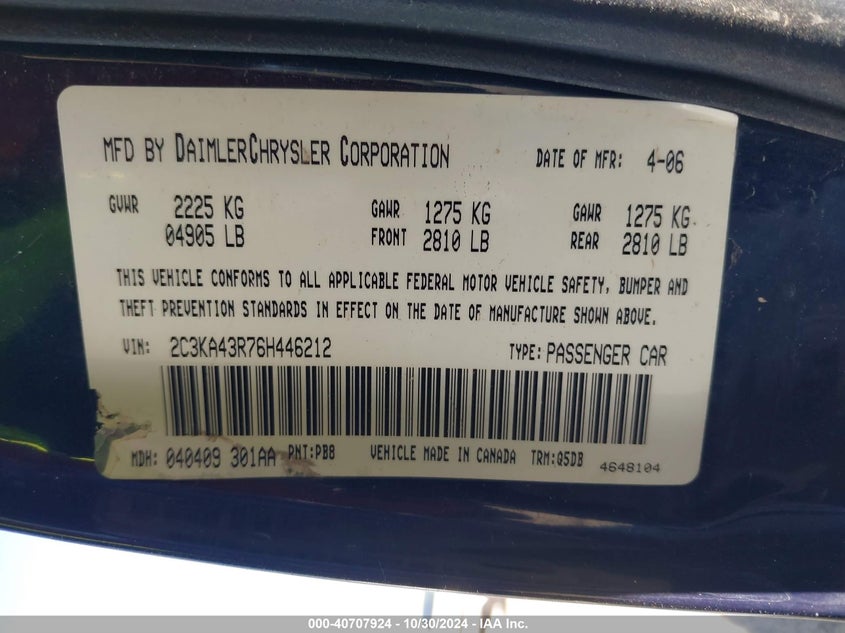 2006 CHRYSLER 300 VIN: 2C3KA43R76H446212