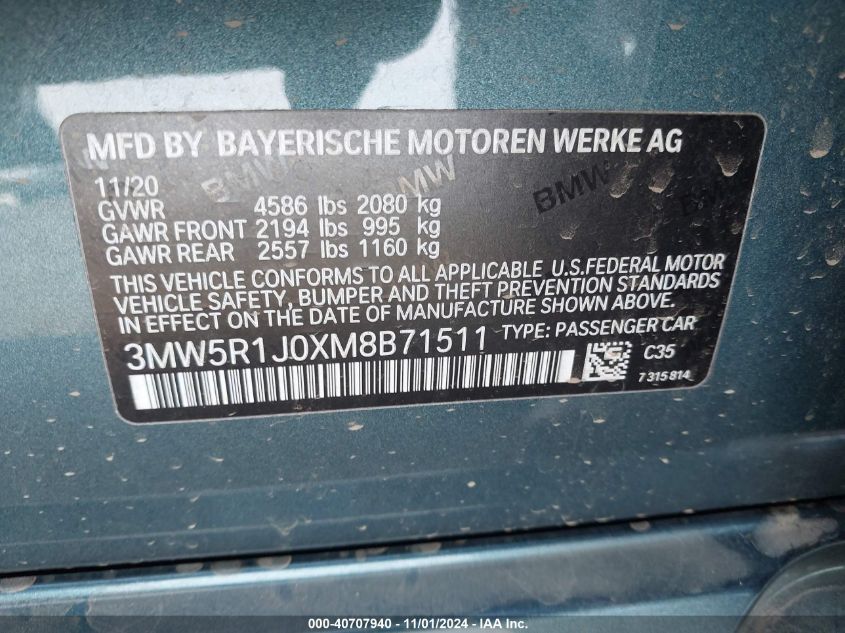 2021 BMW 330I VIN: 3MW5R1J0XM8B71511 Lot: 40707940