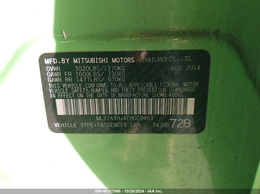 2015 Mitsubishi Mirage De VIN: ML32A3HJ4FH009463 Lot: 40707986