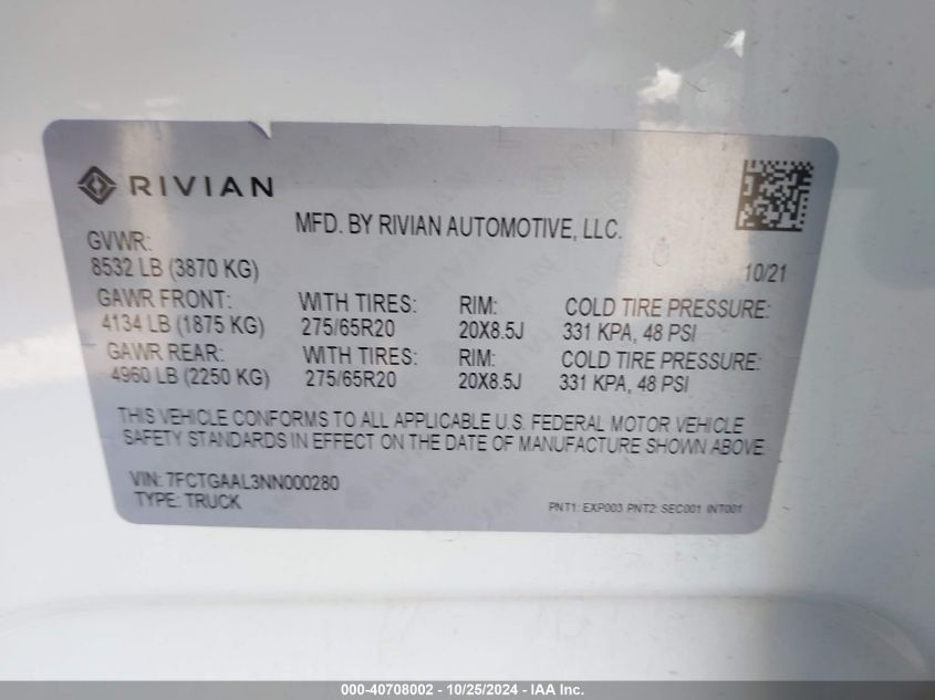 2022 Rivian R1T Launch Edition VIN: 7FCTGAAL3NN000280 Lot: 40708002