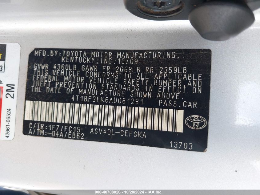 2010 Toyota Camry Se VIN: 4T1BF3EK6AU061281 Lot: 40708026