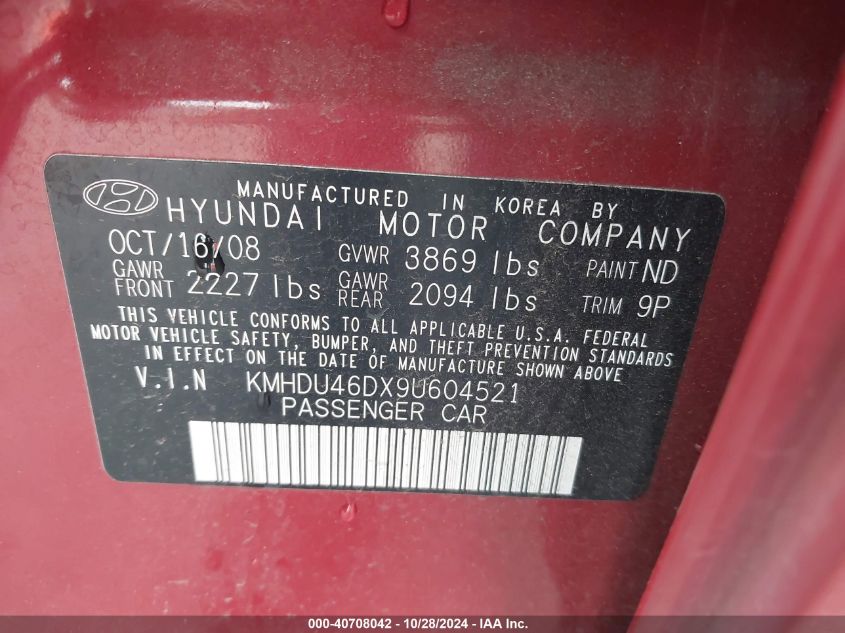 2009 Hyundai Elantra Se VIN: KMHDU46DX9U604521 Lot: 40708042