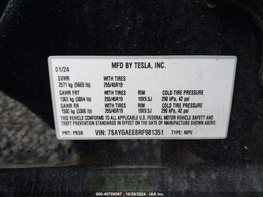 2024 Tesla Model Y Long Range Dual Motor All-Wheel Drive VIN: 7SAYGAEE8RF981351 Lot: 40708067