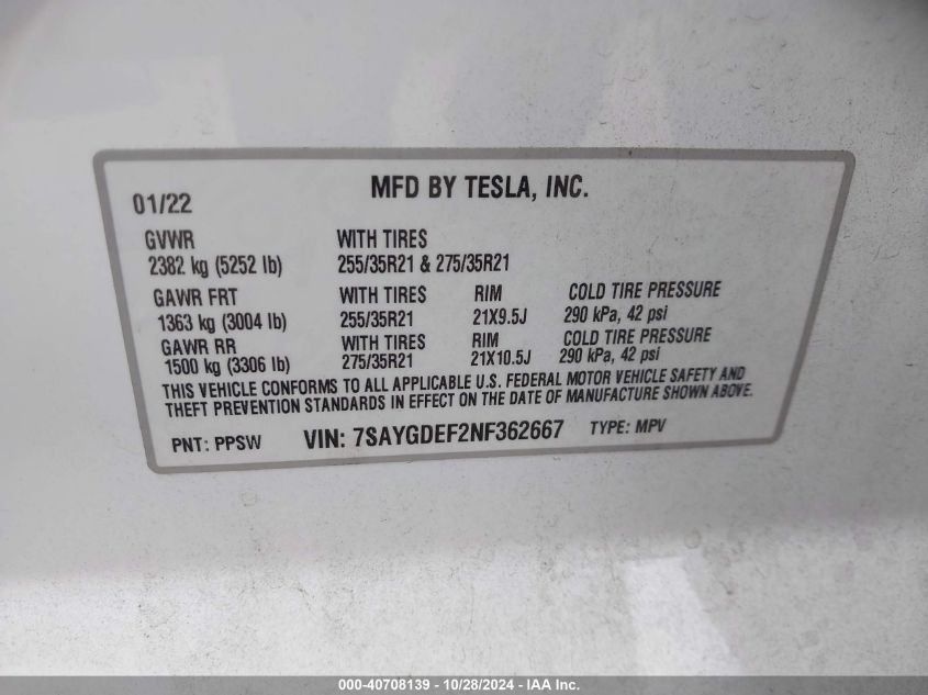 2022 Tesla Model Y Performance Dual Motor All-Wheel Drive VIN: 7SAYGDEF2NF362667 Lot: 40708139