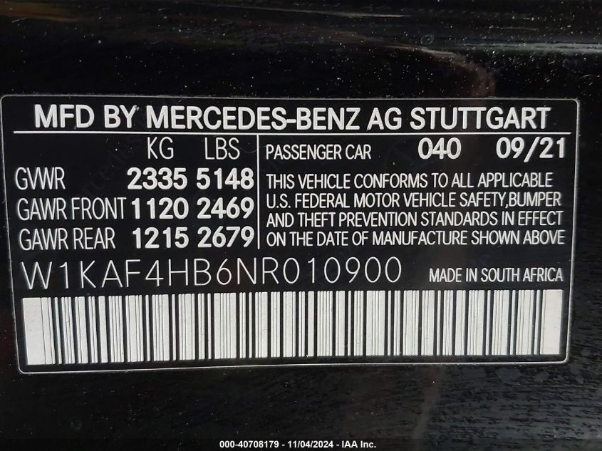 2022 Benz C-Class C300 4Matic 4Matic VIN: W1KAF4HB6NR010900 Lot: 40708179