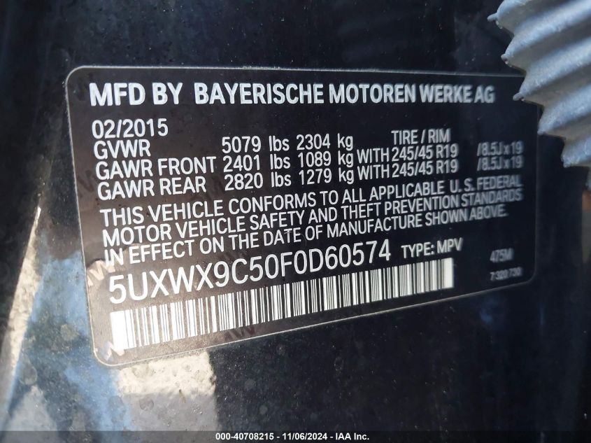 VIN 5UXWX9C50F0D60574 2015 BMW X3, Xdrive28I no.9