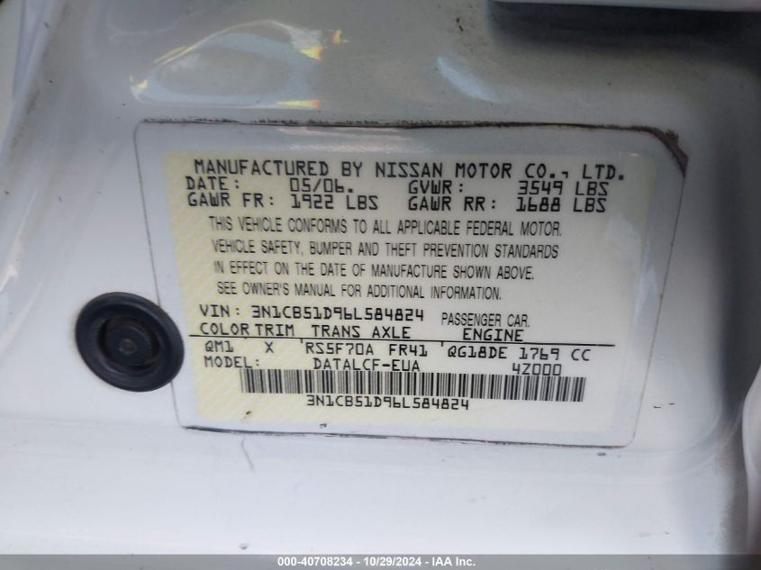 2006 Nissan Sentra 1.8 VIN: 3N1CB51D96L584824 Lot: 40708234