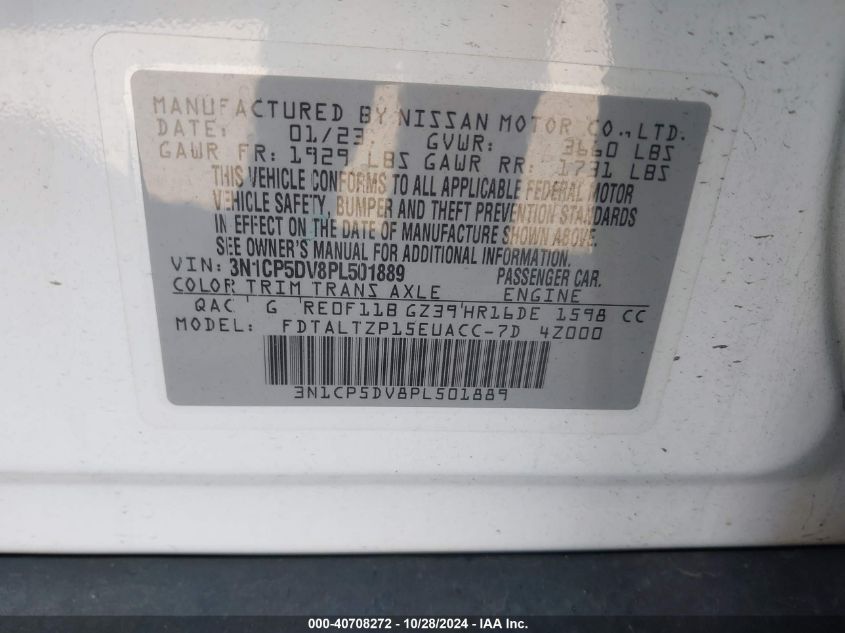 2023 Nissan Kicks Sr Xtronic Cvt VIN: 3N1CP5DV8PL501889 Lot: 40708272