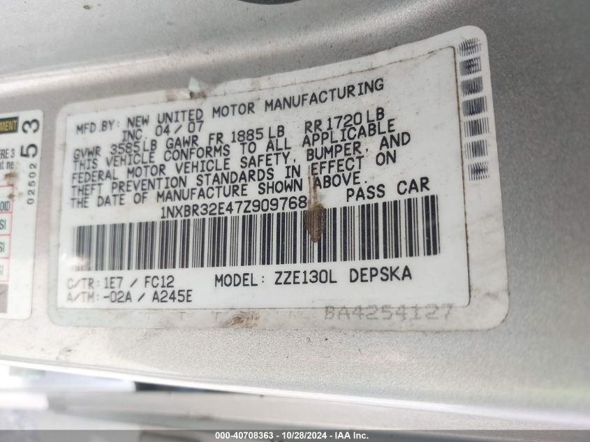 2007 Toyota Corolla S VIN: 1NXBR32E47Z909768 Lot: 40708363