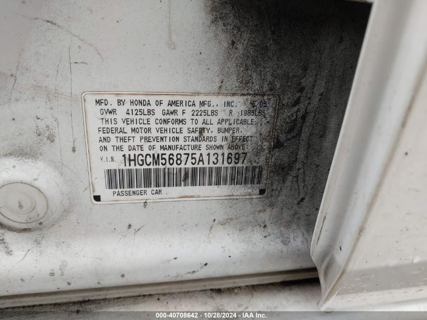 2005 Honda Accord 2.4 Ex VIN: 1HGCM56875A131697 Lot: 40708642