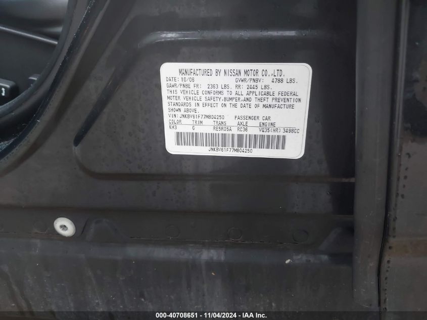 2007 Infiniti G35X VIN: JNKBV61F77M804250 Lot: 40708651