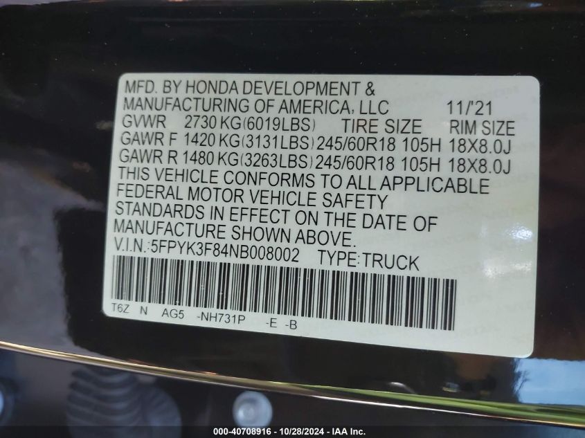 2022 Honda Ridgeline Black Edition VIN: 5FPYK3F84NB008002 Lot: 40708916