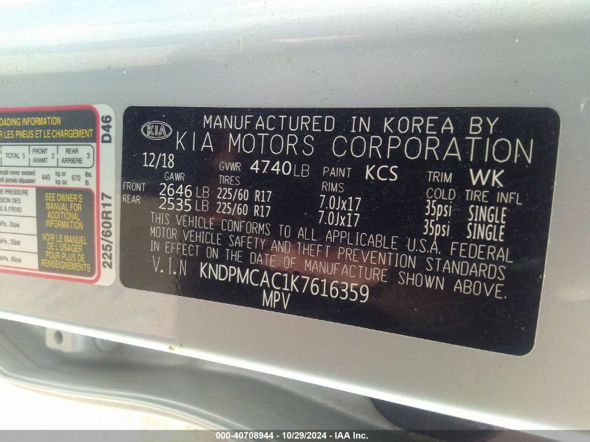 VIN KNDPMCAC1K7616359 2019 KIA SPORTAGE LX