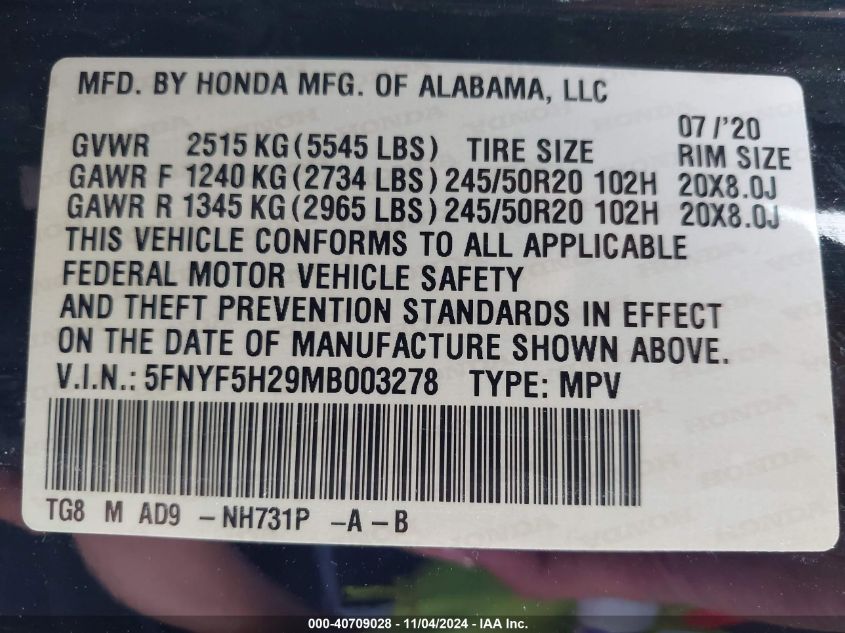 2021 Honda Pilot 2Wd Special Edition VIN: 5FNYF5H29MB003278 Lot: 40709028