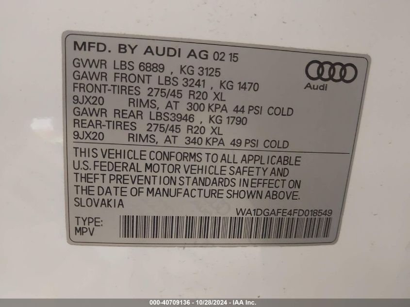 2015 Audi Q7 3.0T S Line Prestige VIN: WA1DGAFE4FD018549 Lot: 40709136